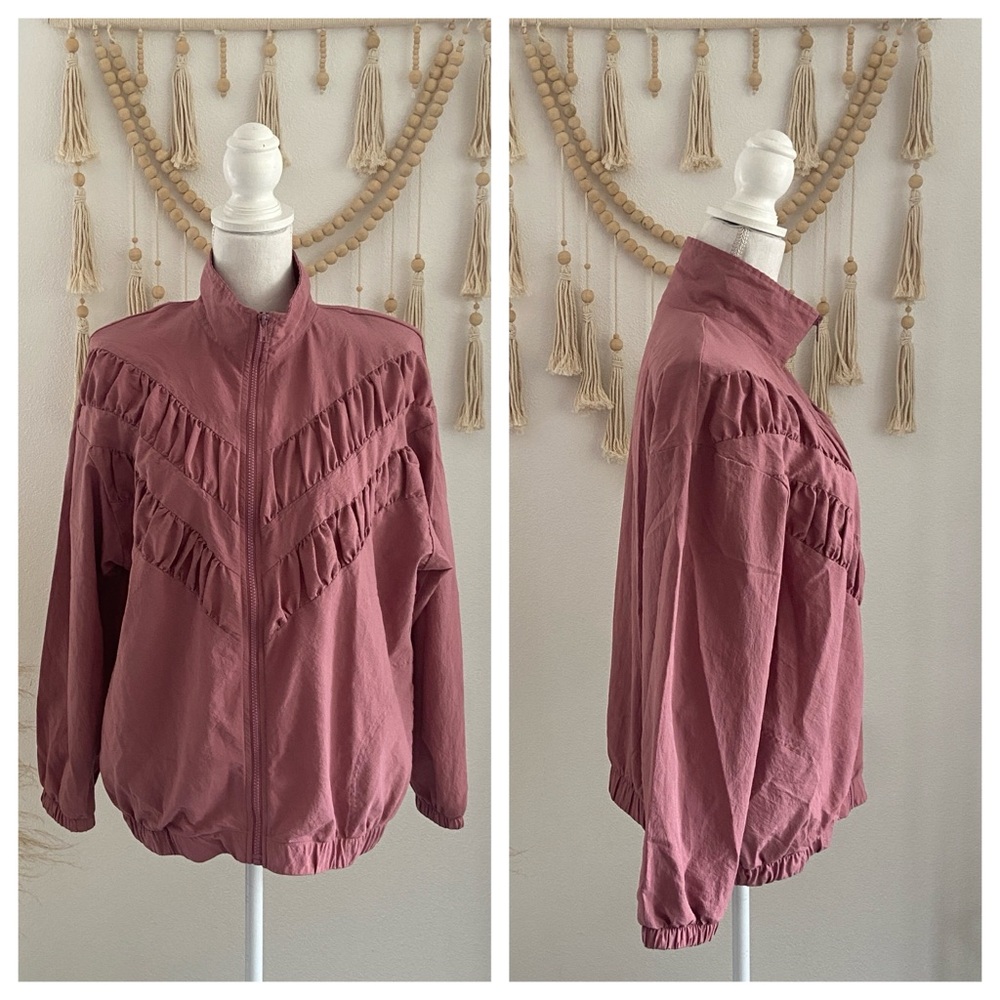 Vintage shirred zip up nylon jacket mauve pink windbreaker free people vibes M